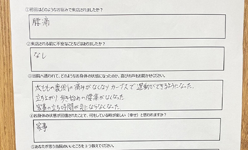立ち上がり、歩き始めの腰痛がなくなり、家事の立ち時間がきにならなくなった。